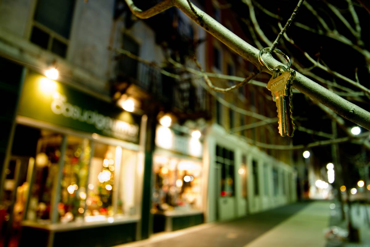 A set of keys hanging on a branch of a hibernating tree on Carden Street across the new city hall in Guelph, Ontario
