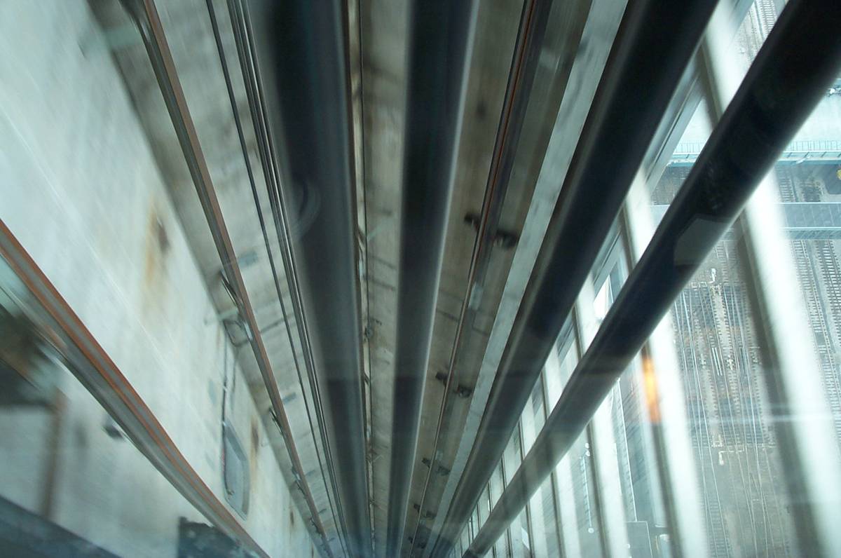 Looking down from an elevator in CN Tower, Toronto, Canada