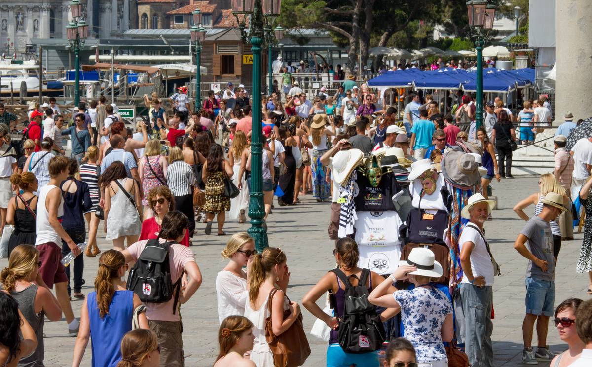 Tourists gathered at St. Mark's Square.