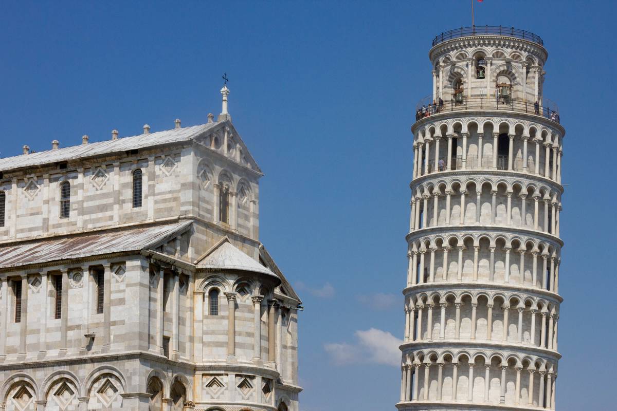 The cathedral on the left and the bell tower on the right