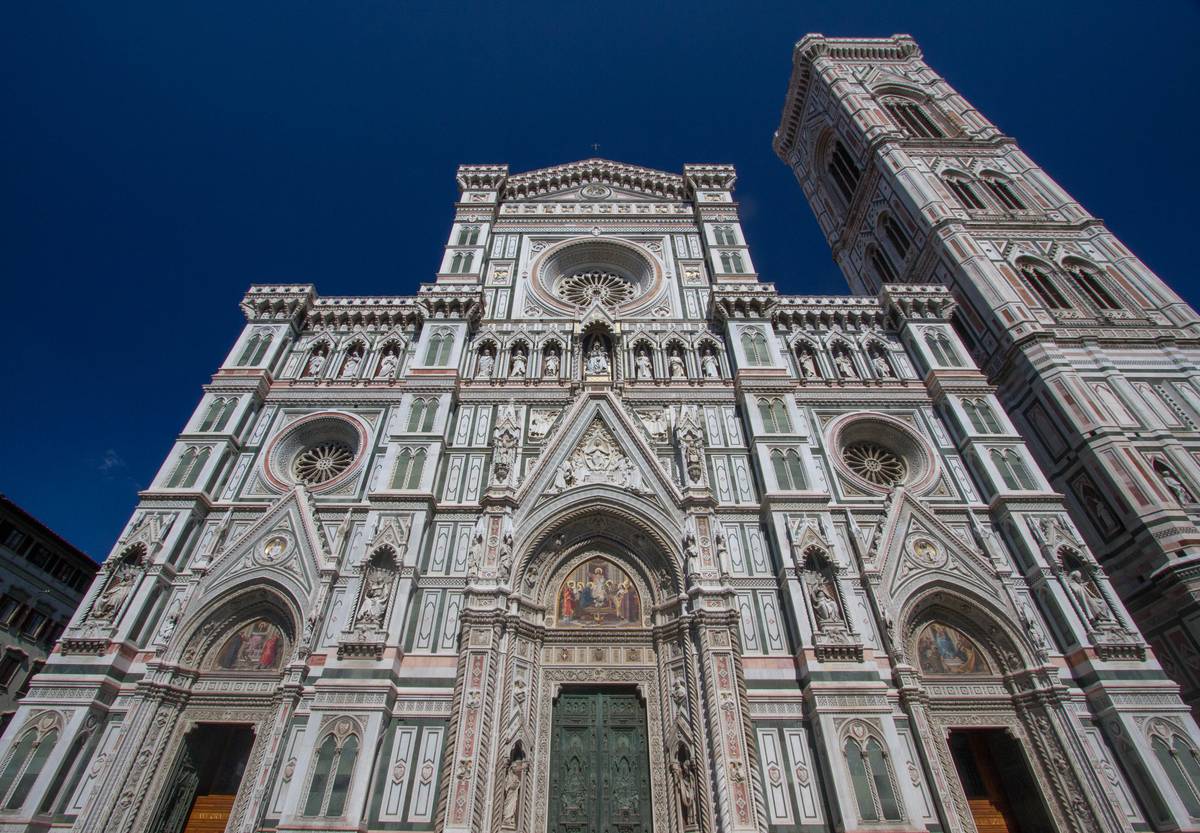 Dominating the Florentine skyline, the façade of Florence Cathedral (officially named Basilica of Saint Mary of the Flower) was completed only in 1887, even though the construction of the church began in 1296