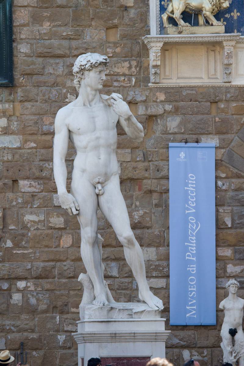 A copy of the statue of David standing at the entrance of *Palazzo Vecchio*