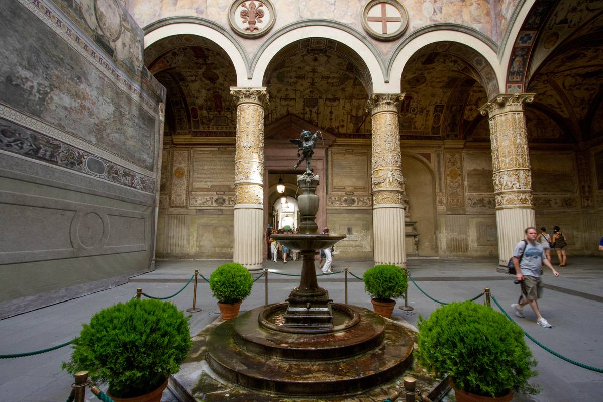 Verrocchio’s *Pluto by Dolphin* stands in the center of the first courtyard inside Palazzo Vecchio