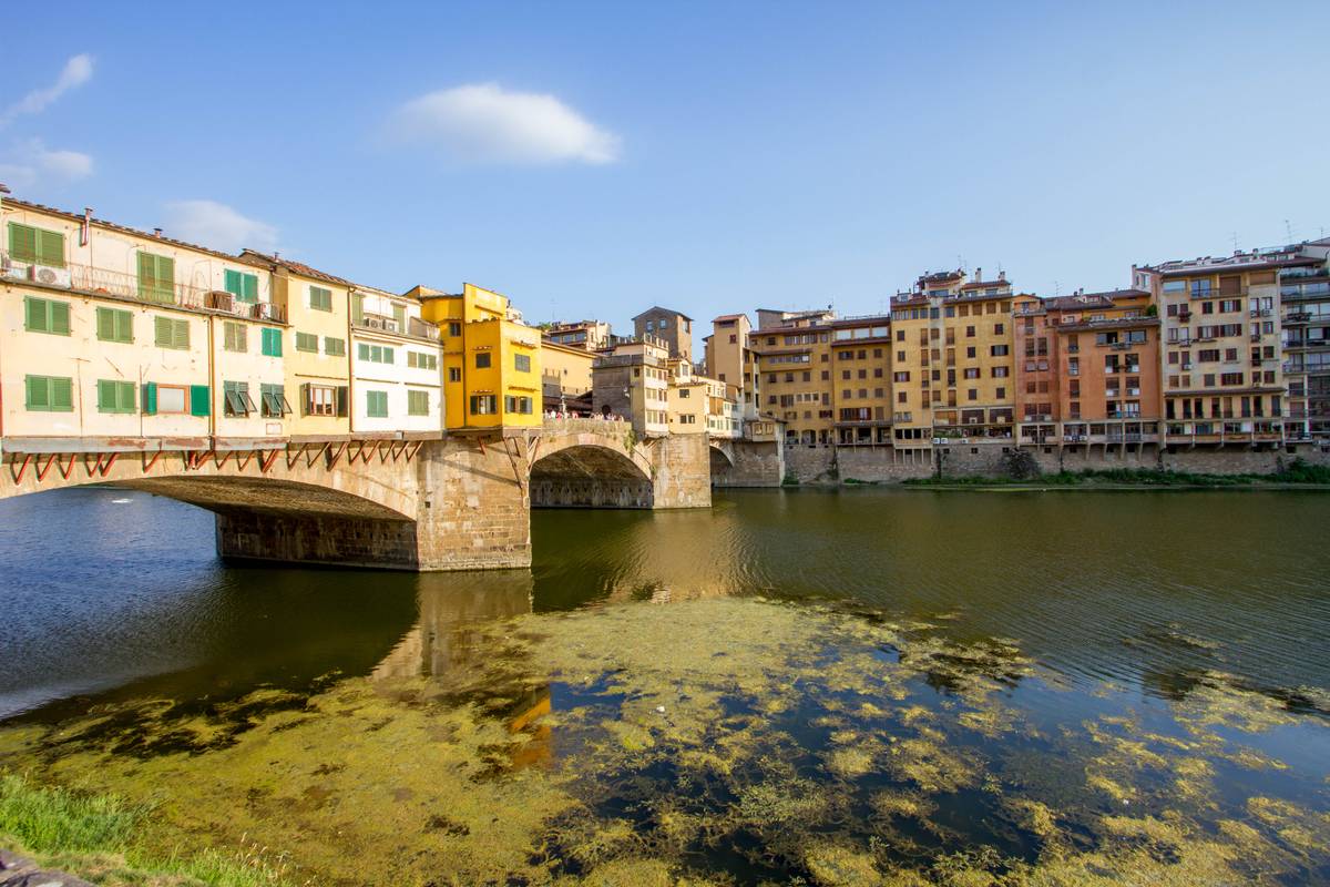 *Ponte Vecchio*, a Medieval bridge with shops built atop, crosses the Arno River. It is the only bridge in Florence to have survived World War II