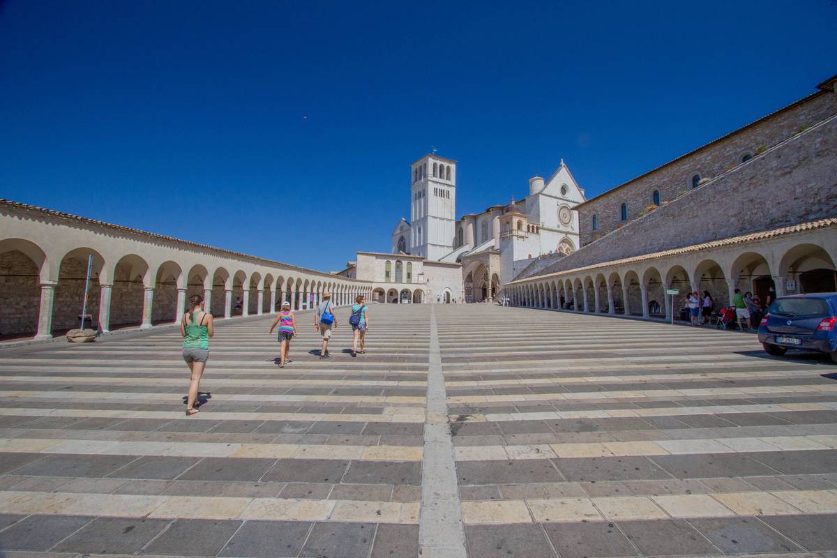 *Basilica of San Francesco d'Assisi* (Papal Basilica of St. Francis of Assisi) as seen from the Lower Plaza of St. Francis