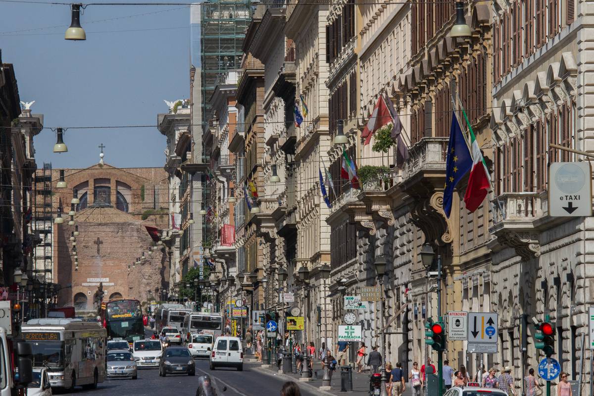 View down Via Nazionale towards Basilica of St. Mary of the Angels and the Martyrs in the far background