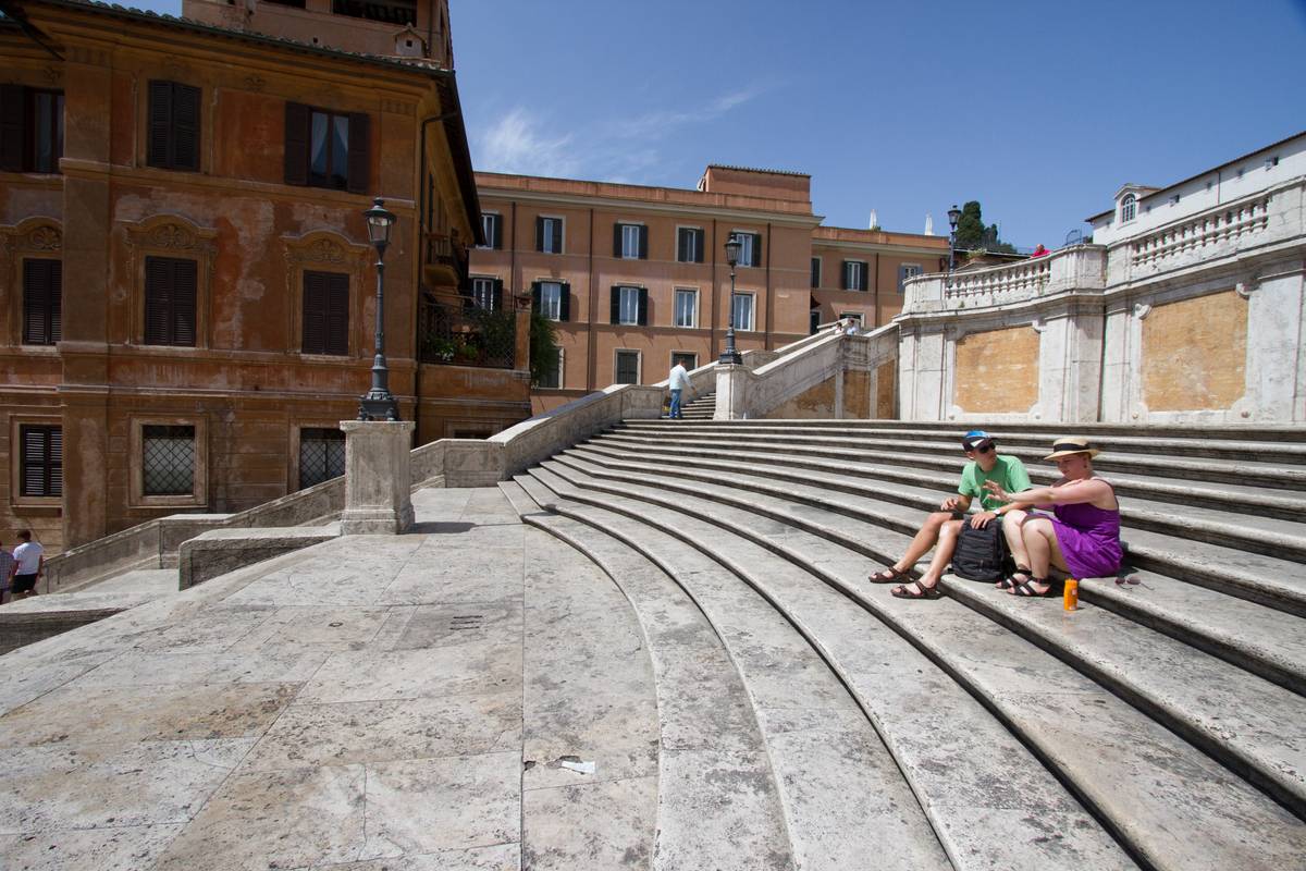 The Spanish Steps at noon with temperatures almost hot enough to melt plastic, and with understandably thinner crowd