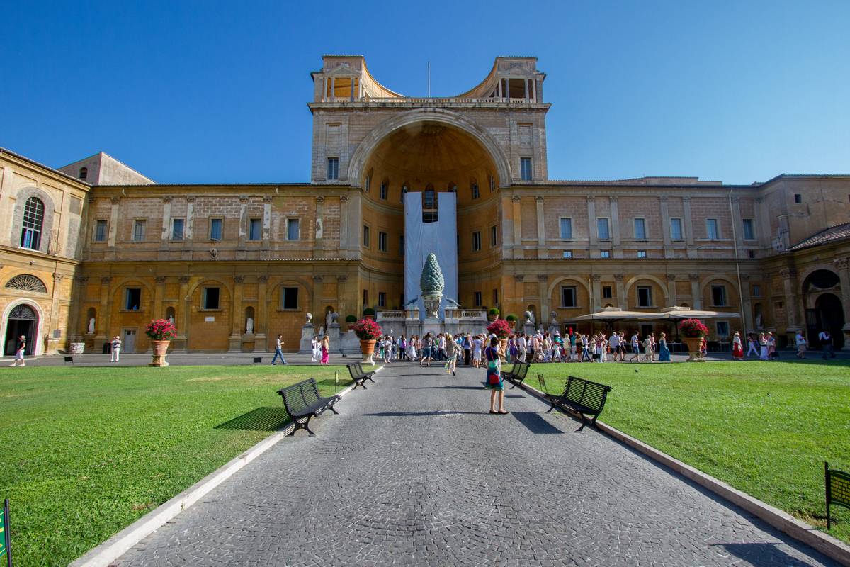 View of the bronze pinecone (*Pigna*), a Roman fountain from Belvedere Courtyard (*Cortile del Belvedere*), sometimes called *Cortile della Pigna* for its presence
