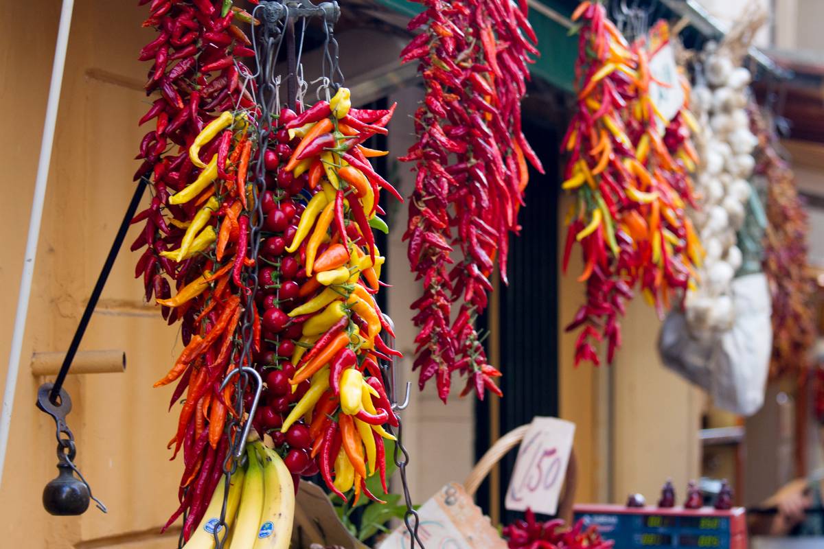 Chili peppers hanging in the market of Sorrento
