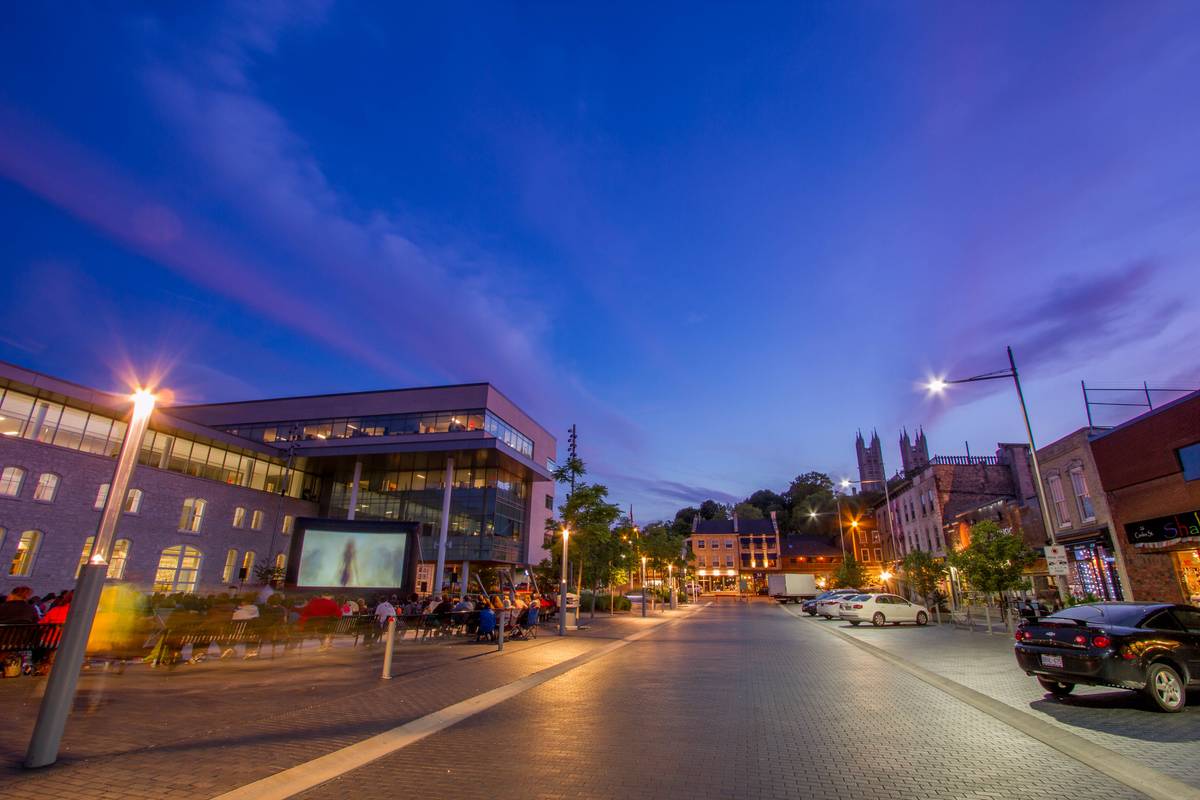 Looking down Carden Street with the Guelph City Hall in view on the left and the spires of the Church of Our Lady in the background right