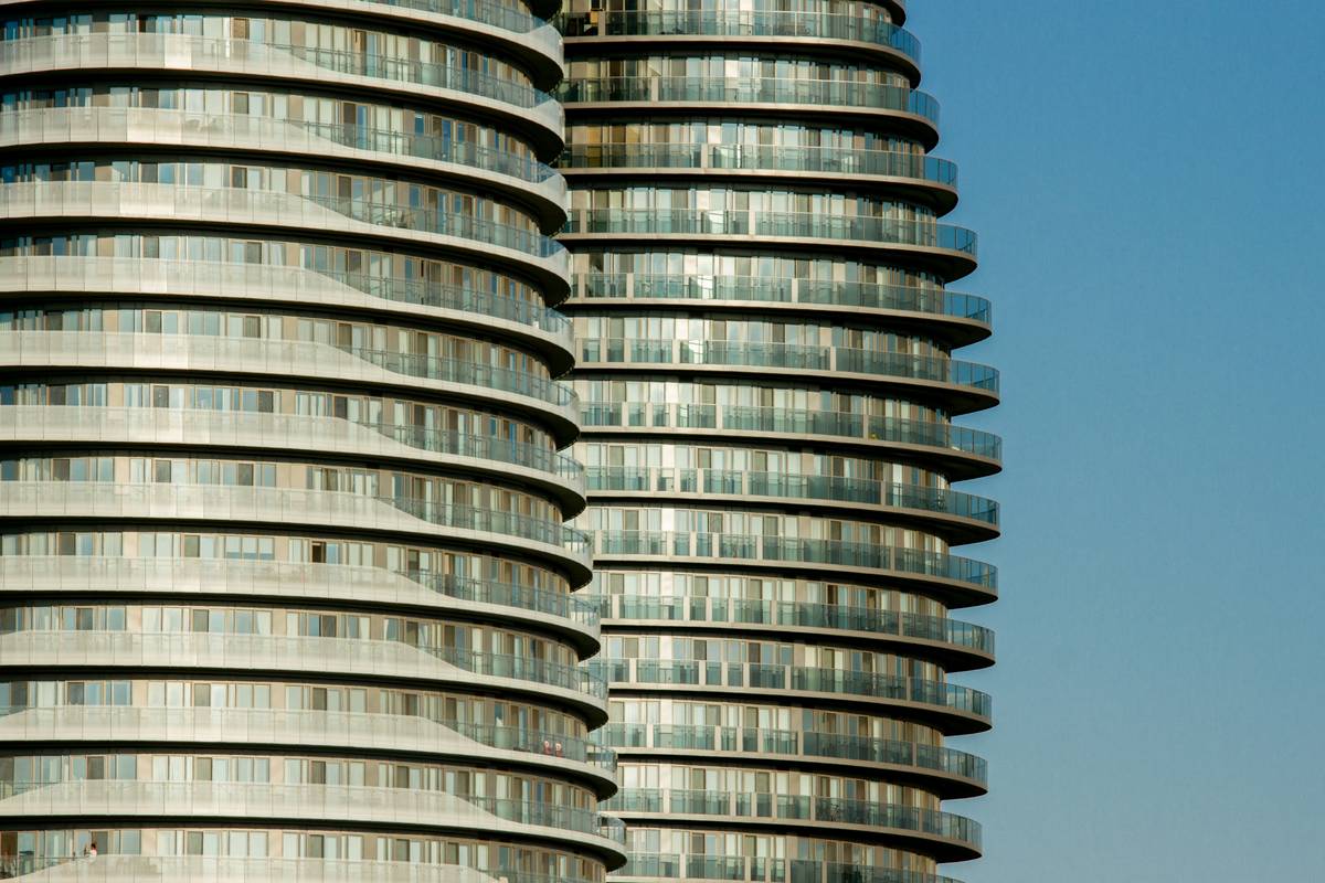 A view from the side of Absolute World condominiums, also known as the *Marilyn Monroes*
