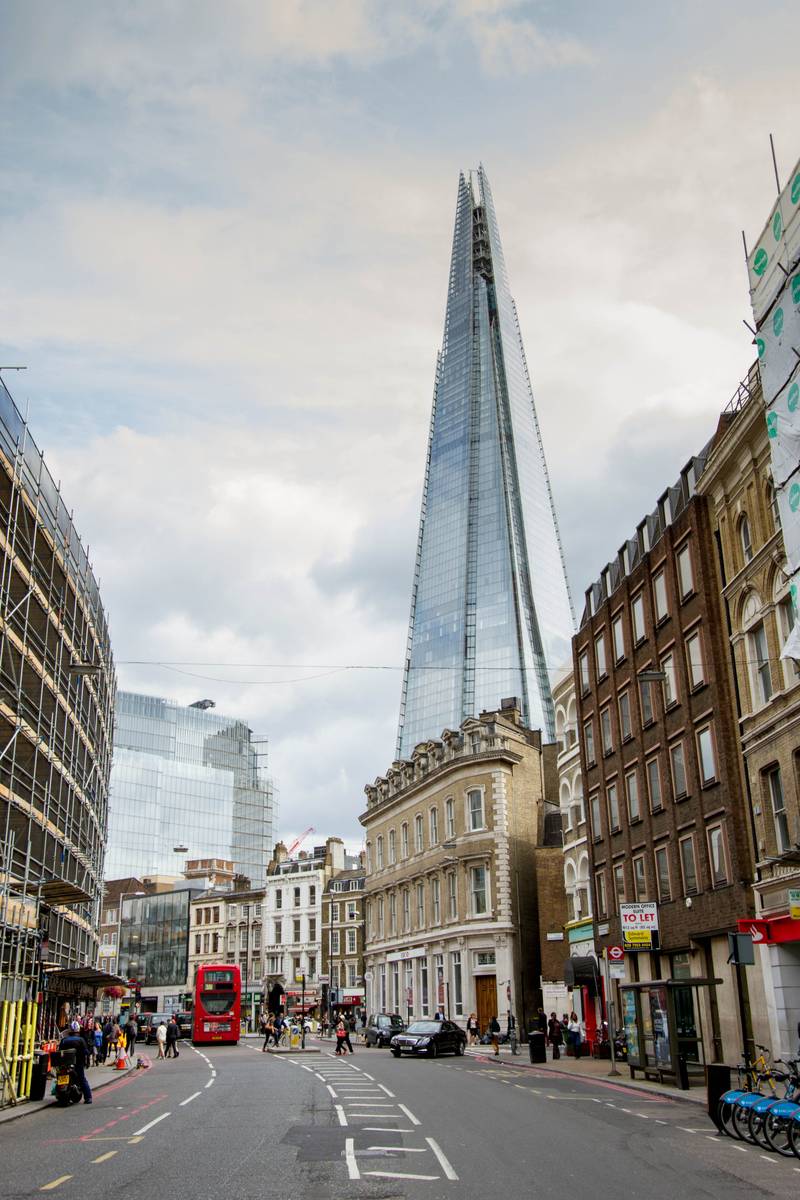 The Shard rising above buildings on Southwark Street