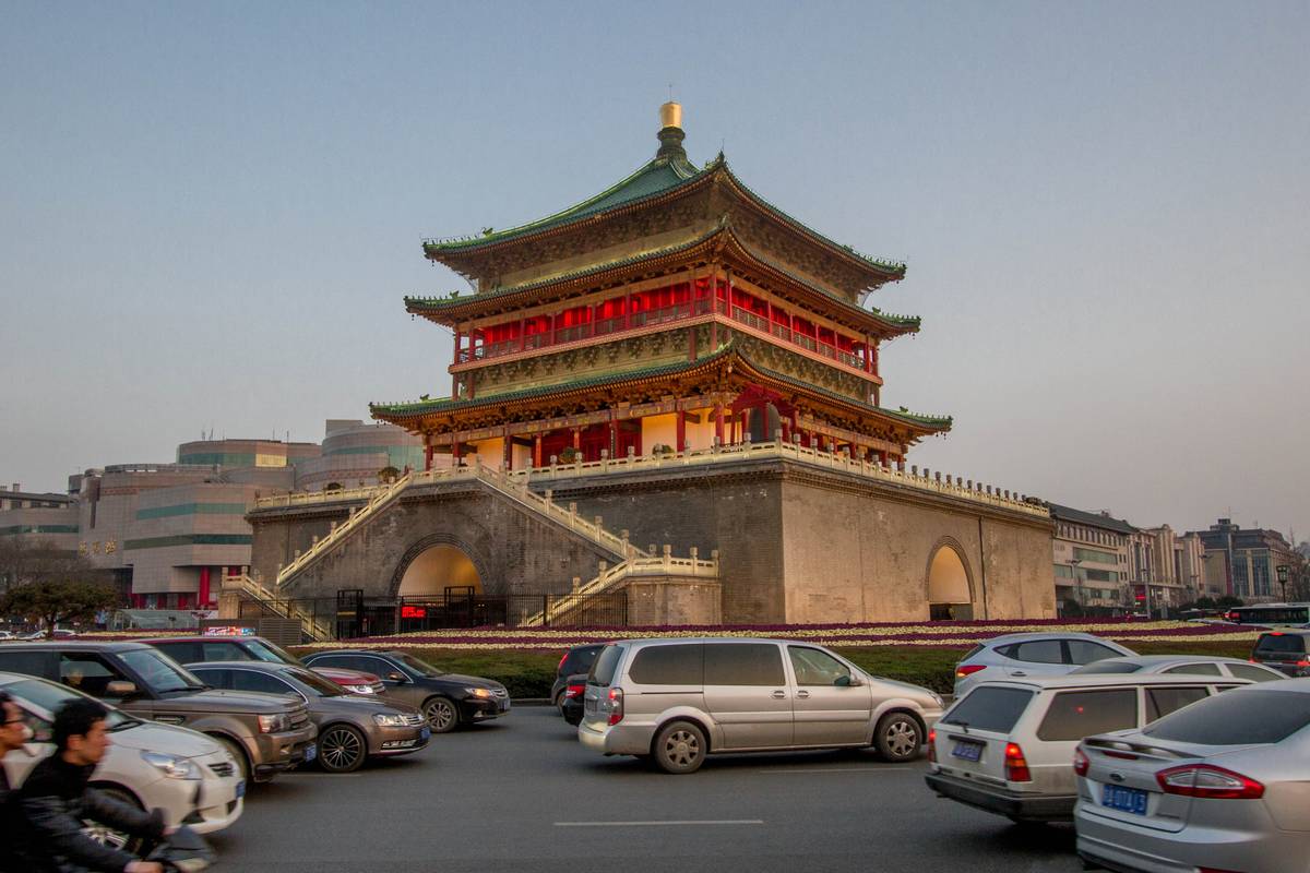 The Bell Tower of Xi'an sitting in the middle of a busy traffic circle in the middle of the city.