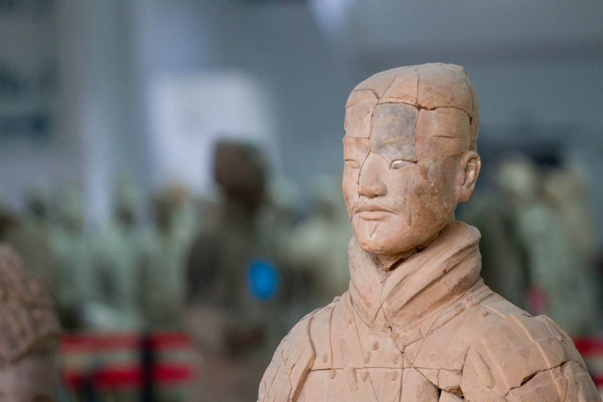 Detail of a Terracotta soldier. All Terracotta Army pieces found are found shattered and are painstakingly pieced together by hand.