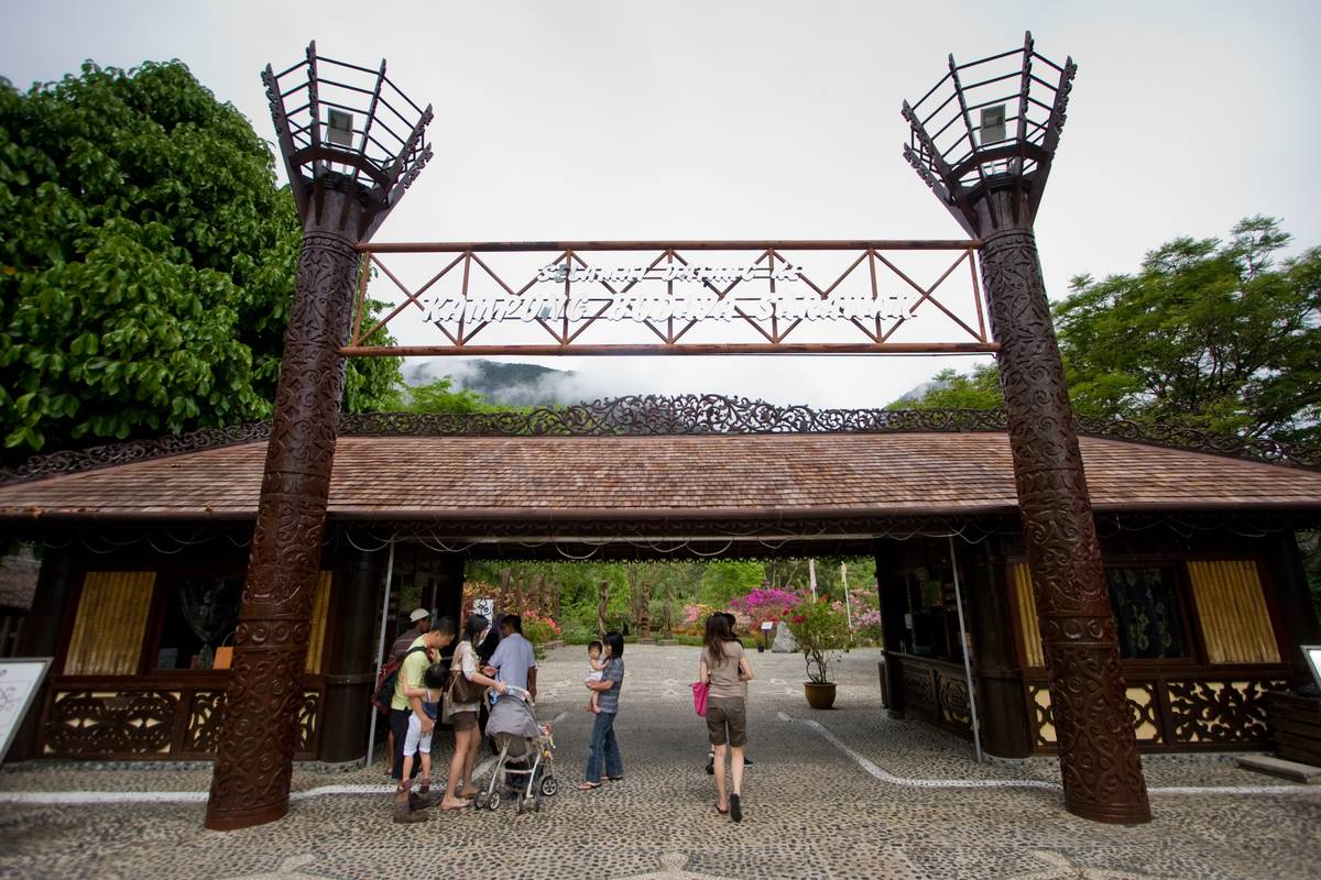 Entrance to the Sarawak Cultural Village. The living museum portays diversity in the state with 7 houses representing the major ethnic races - Bidayuh, Iban, Penan, Orang Ulu, Melanau, Malays and Chinese.