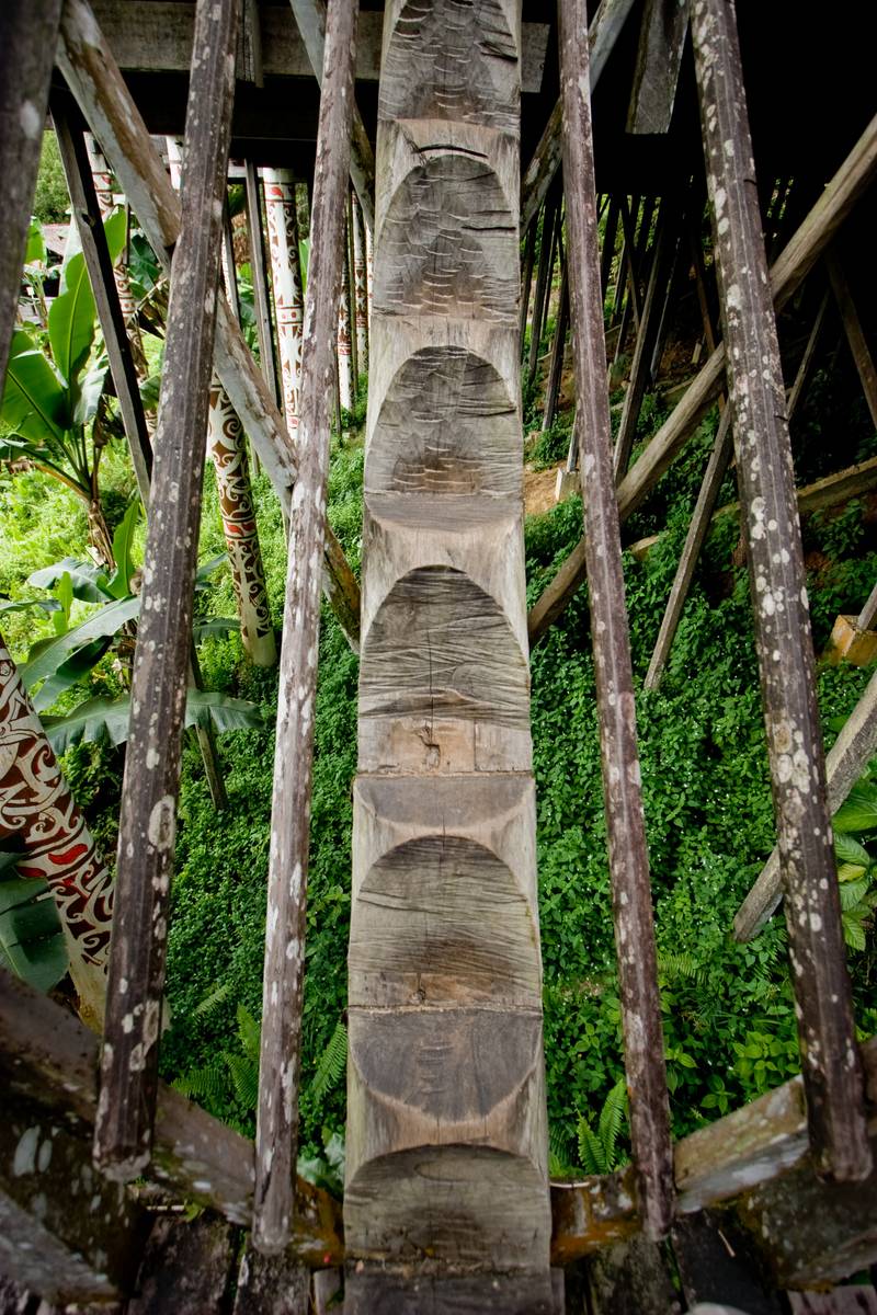 Staircase leading up the foyer, made from a single wooden trunk.