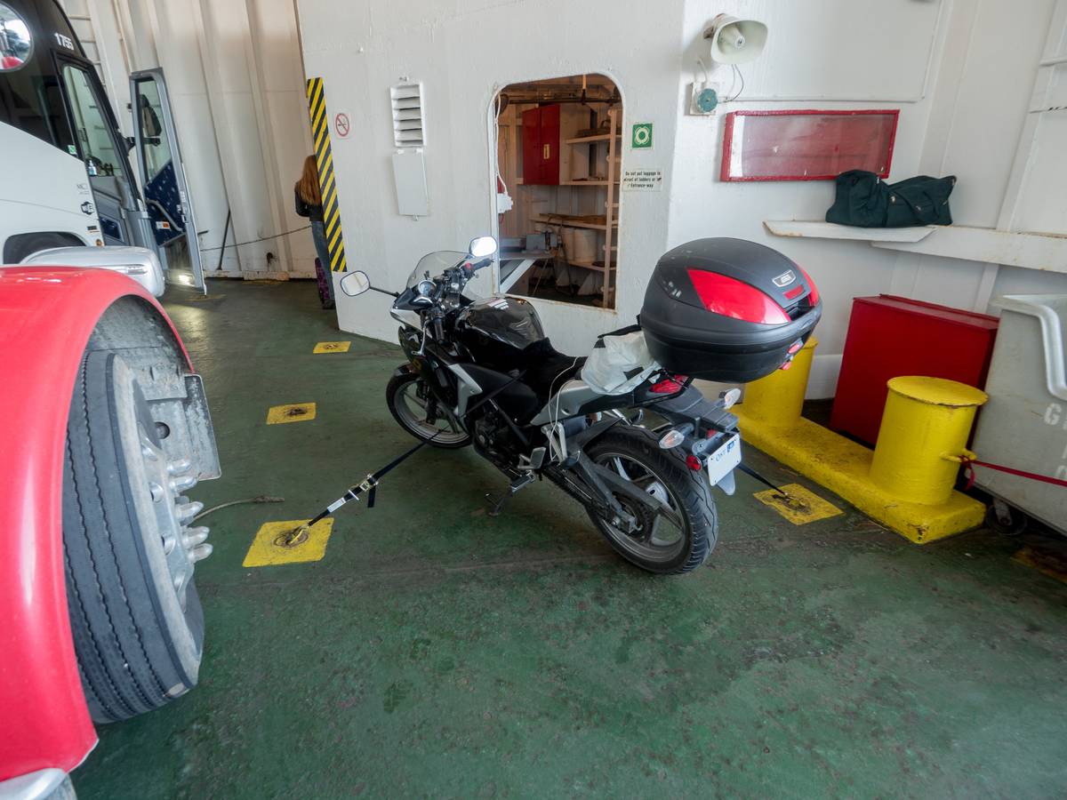 Here's how a motorcycle is secured on a ferry