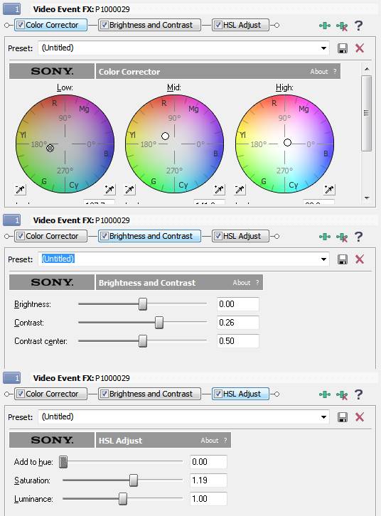 Filter settings used for the video track