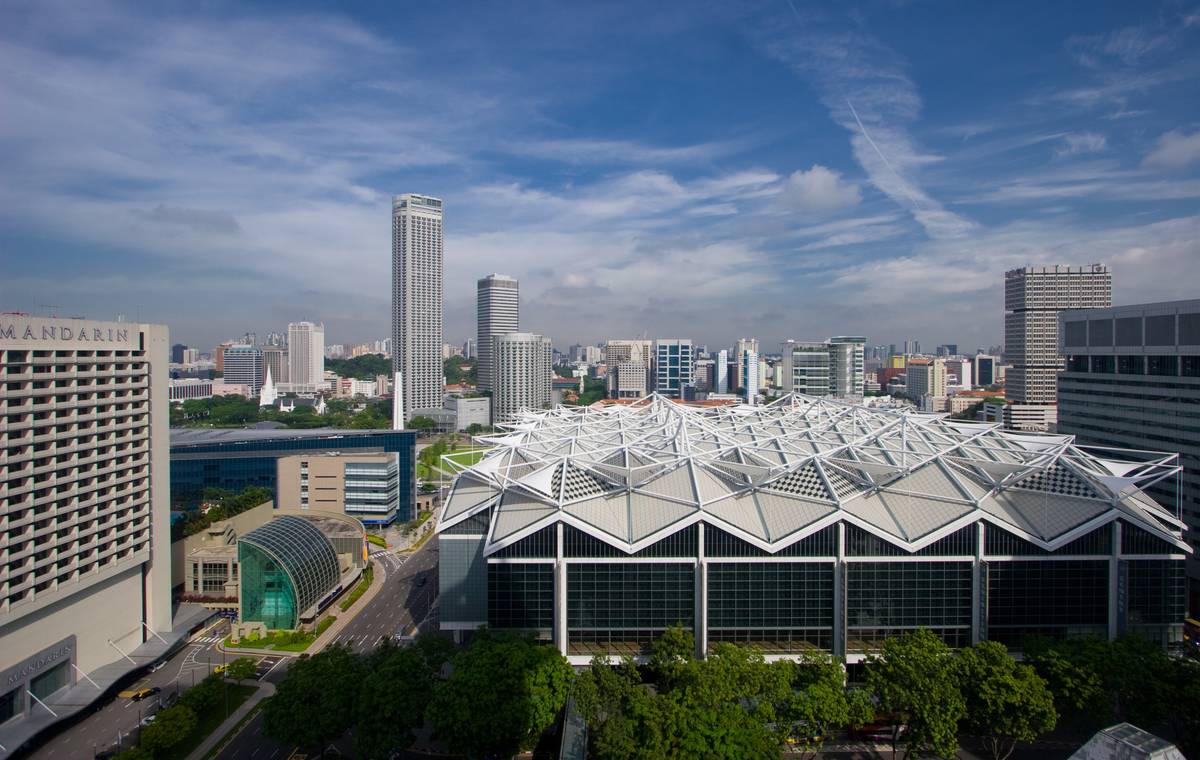 View of downtown Singapore from the Pan Pacific Hotel. Suntec Convention Centre dominates the image