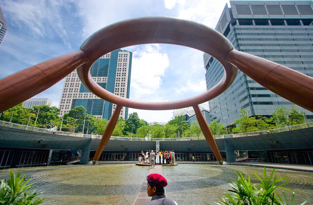 The Fountain of Wealth, a giant ring supported by four columns