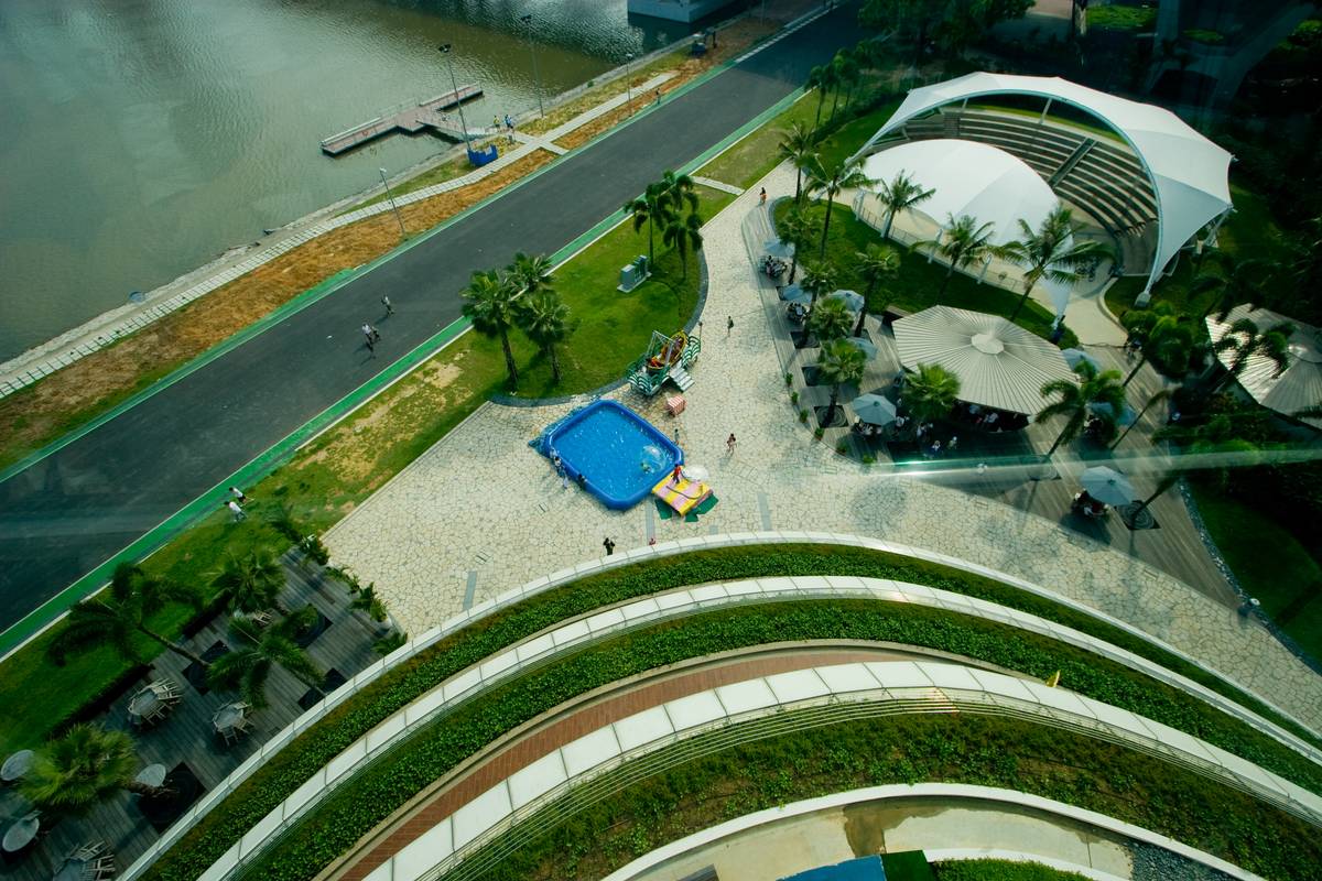 Looking down from the Singapore Flyer capsule, the Formula One track visible