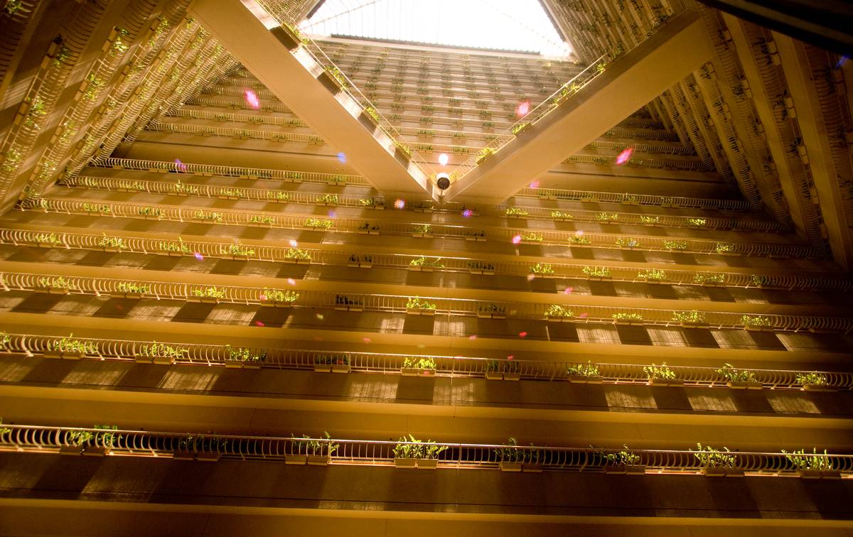 Looking up from the lobby of Pan Pacific Hotel