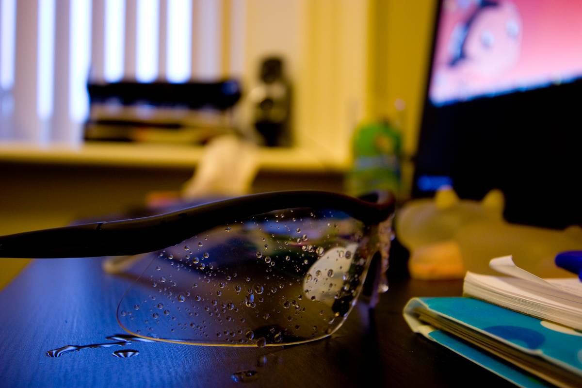 Rain drops on the protective eyewear