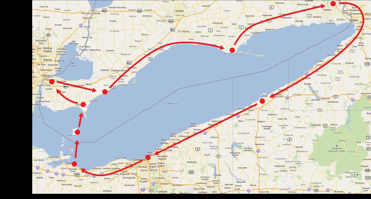 Map of the route I took to loop Lake Erie