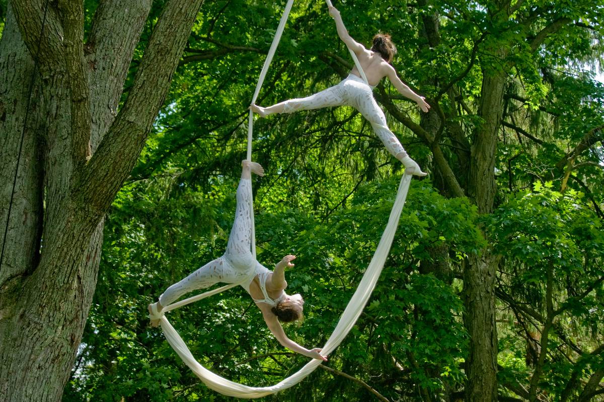 Dancing duet Gabrielle Martin and Andrea Legg of Floating Seed from Montreal performing *Chrysalis *in Exhibition Park, Guelph