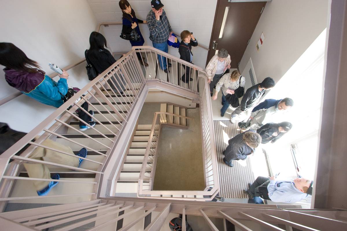 Visitors come to the end of the tour in the Provincial Court House on a sprial flight of fire exit stairs.
